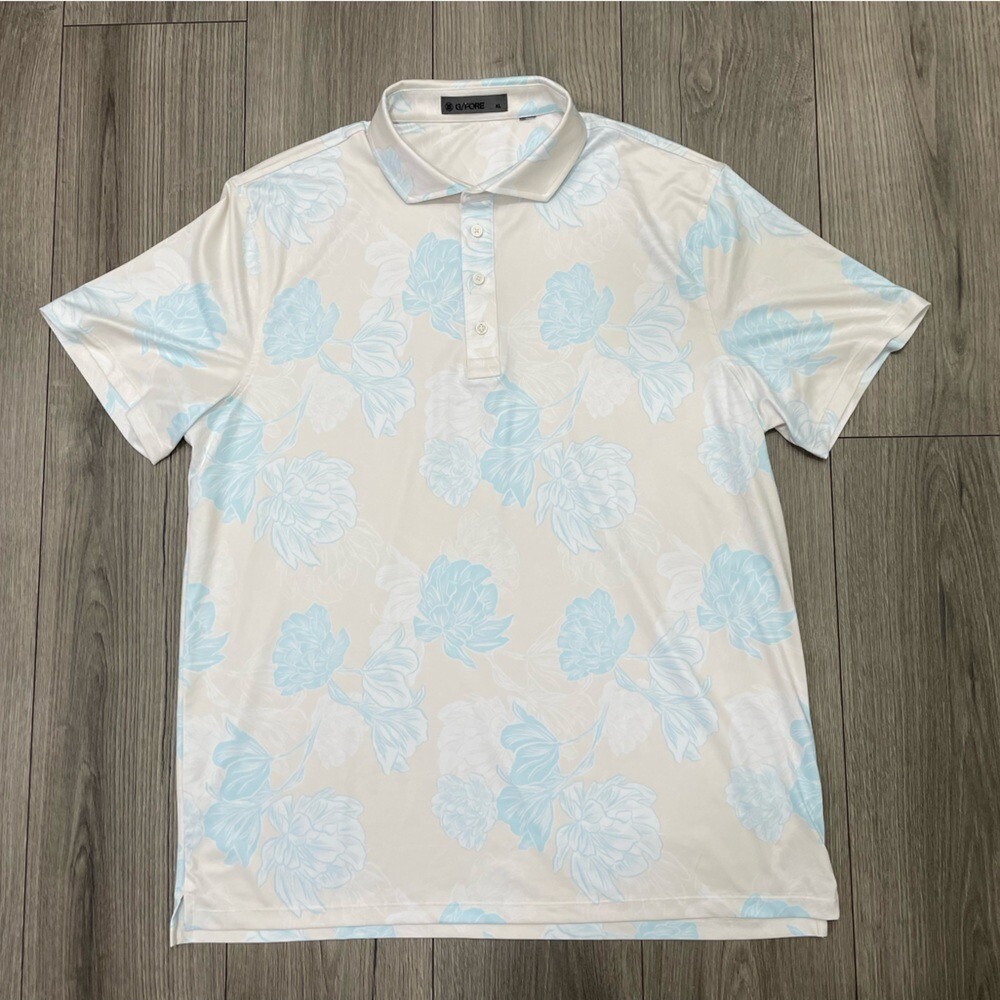 G/Fore Stamped Floral Tech‎ Jersey Polo in Stone Tan White Blue Size XL